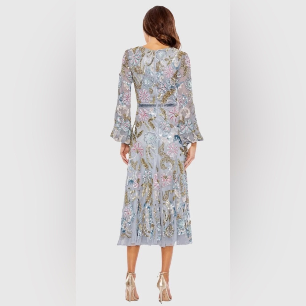 NWT Mac Duggal 5423 Gray Platinum Multi Long Cuff Sleeve Midi Dress Size 12 - Picture 4 of 16